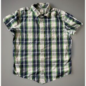Gap Short Sleeve Button Up Shirt Blue Green Gray Plaid Pocket XL JBHS